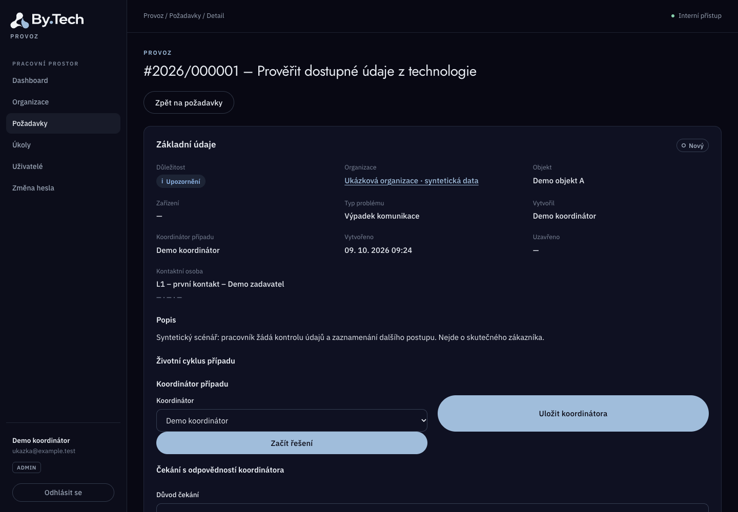 Obrazovka By.Tech Flow: detail požadavku, odpovědná osoba, stav a popis zadání.