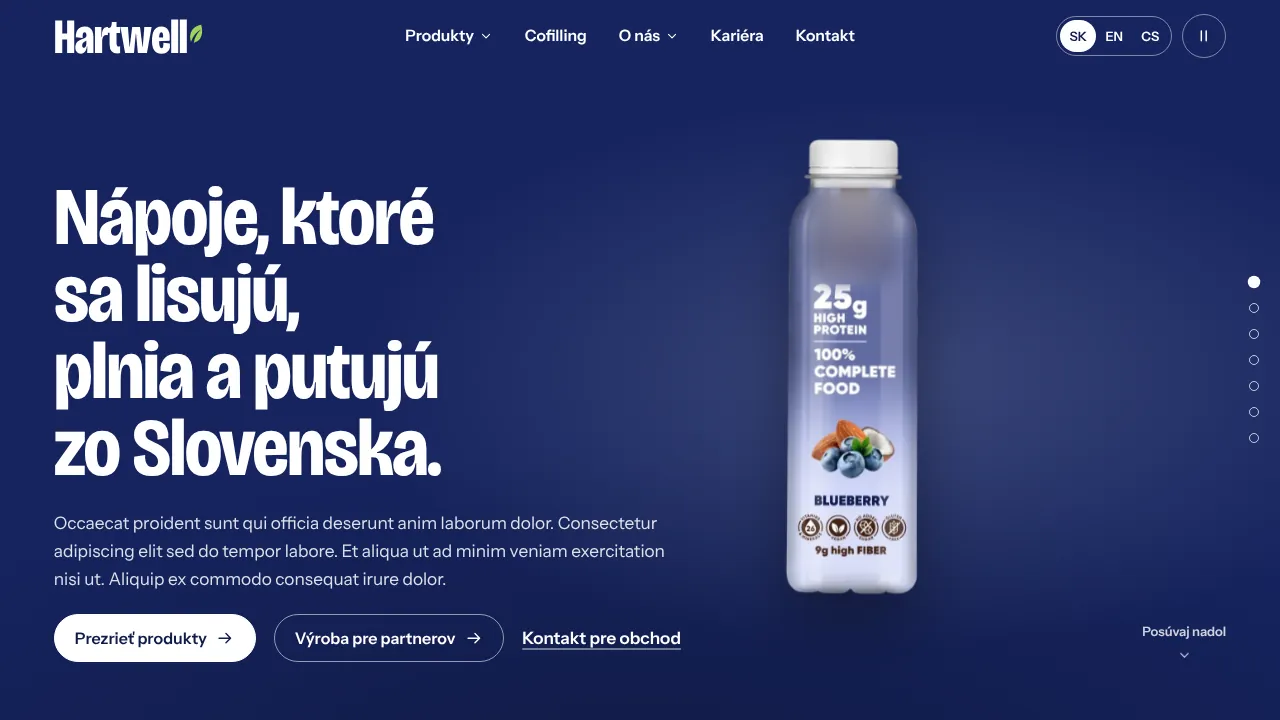 Koncept webu výrobce nápojů s animovanou lahví na modrém pozadí