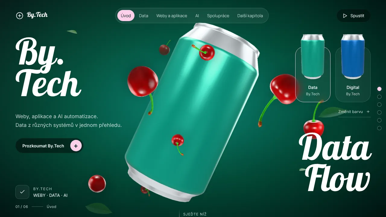 Interaktivní web s 3D plechovkou na zeleném pozadí
